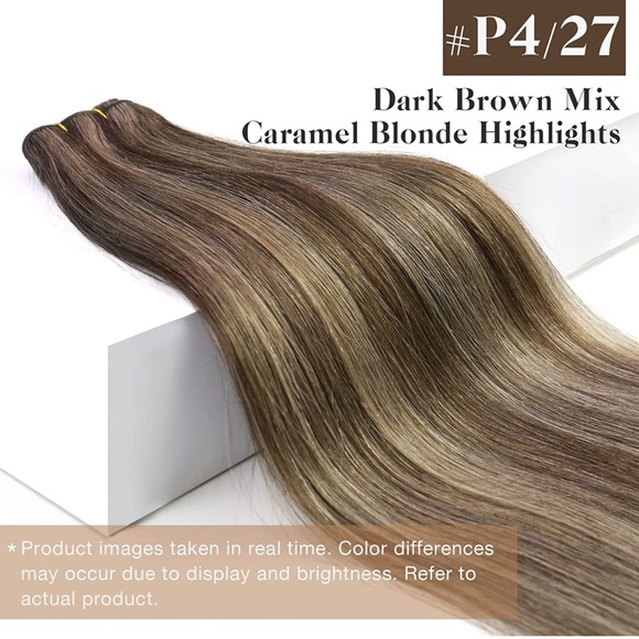 Real human Hair Extensions Chocolate Brown Mix Caramel Blonde Sewed in 18inch - Picture 2 of 5